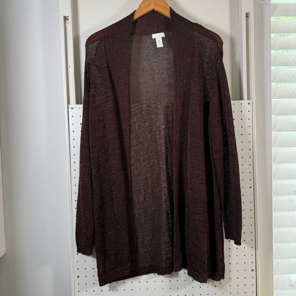Chico's Open Knit Cardigan Womens Brown Rib Trim Boho Open Sweater - 3 Size XL